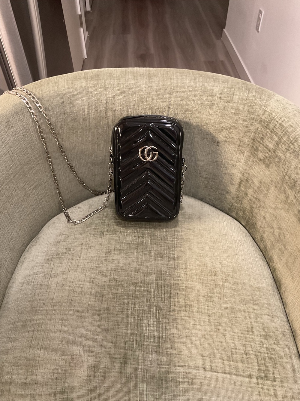 Black Patent Chevron Mini Crossbody with silver bag